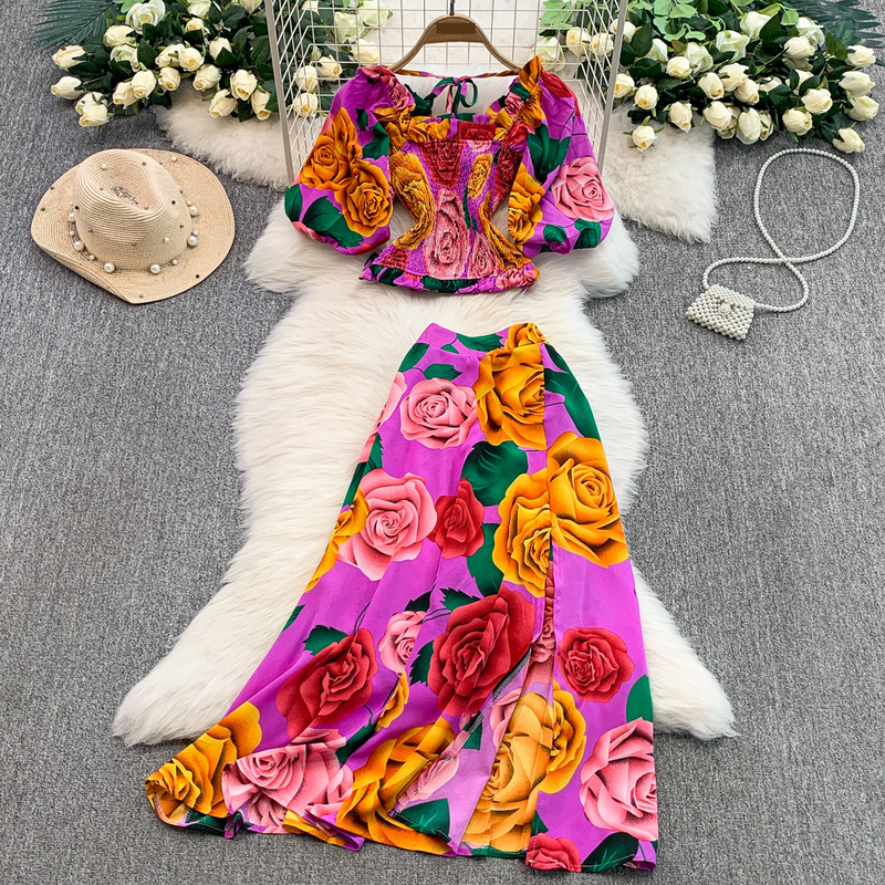 Women's Clothing Romantic Rose Print Square Neck Short Waist Puff Sleeve Top Suit High Waist Slim Slit Skirt_voghion.com