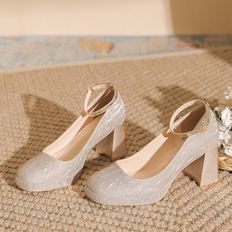 Women's Shoes One Piece Buckle Waterproof Platform Shinning Elegant Mary Jane Chunky Heel Pumps Adjustable Buckle Comfortable Square Toe High Heels_voghion.com