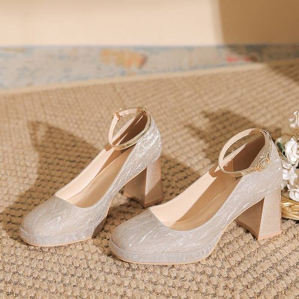 Women's Shoes One Piece Buckle Waterproof Platform Shinning Elegant Mary Jane Chunky Heel Pumps Adjustable Buckle Comfortable Square Toe High Heels_voghion.com