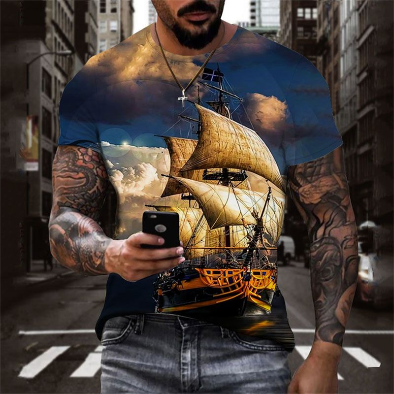 European autumn new men's large size short sleeve T-shirt 3D digital printing fashion trend_voghion.com