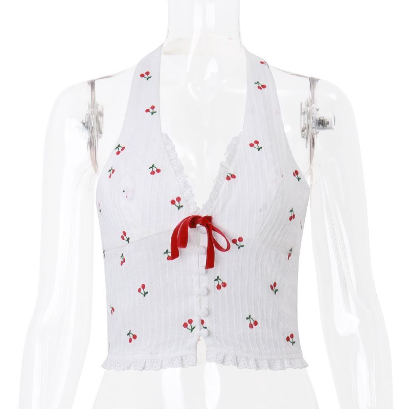 Damenbekleidung Sommer Neues süßes und würziges tiefes V-Ausschnitt-Knopf-Rückenfreies Neckholder-Kleid mit Kirschdruck_voghion.com