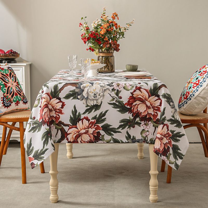 Classic Peony Print Rectangular Tablecloth – Non-Slip Polyester Fabric For Dining & Home Decor (132x132cm / 132x178cm, Navy/White/Black)​_voghion.com