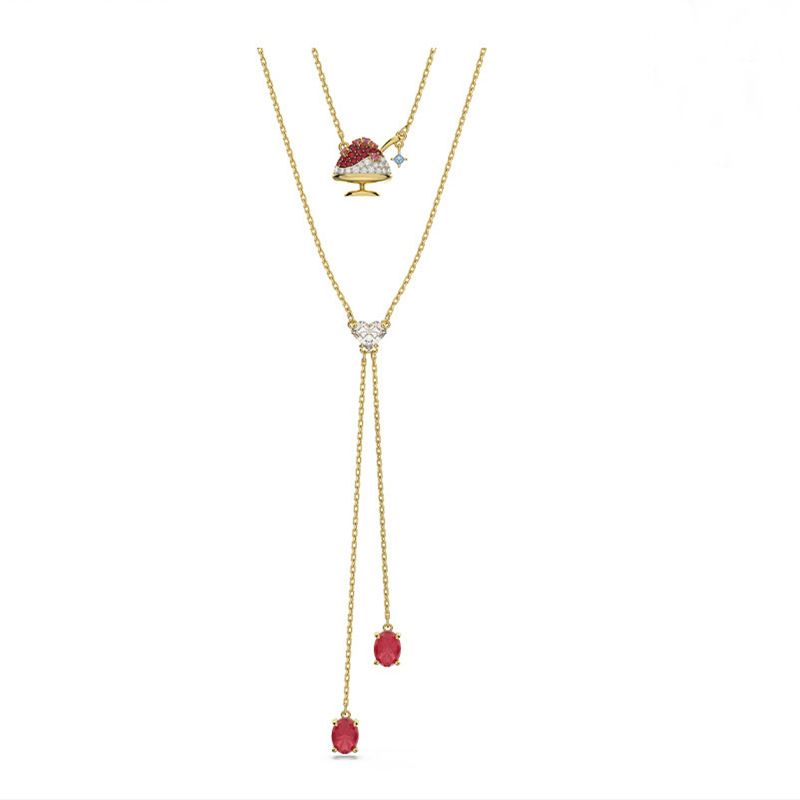 Double Layer Red Bean Ice Cream Water Drop Necklace Female Element Crystal Clavicle Chain_voghion.com