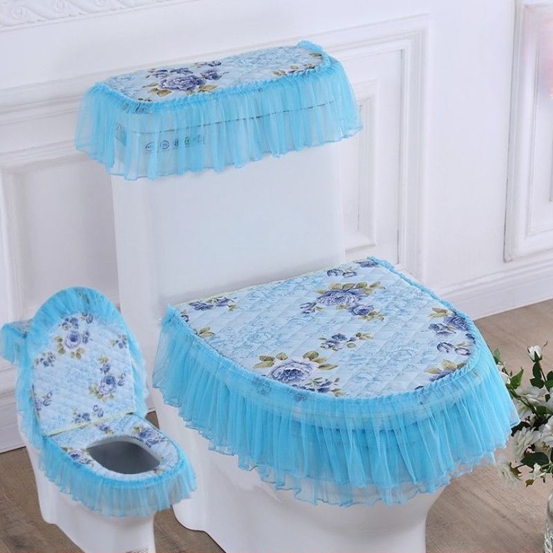 Navlaka za WC školjku s plavim cvjetnim uzorkom, set od tri univerzalna jastuka za WC školjku za sva godišnja doba, dvostrana navlaka za WC s patentnim zatvaračem_voghion.com