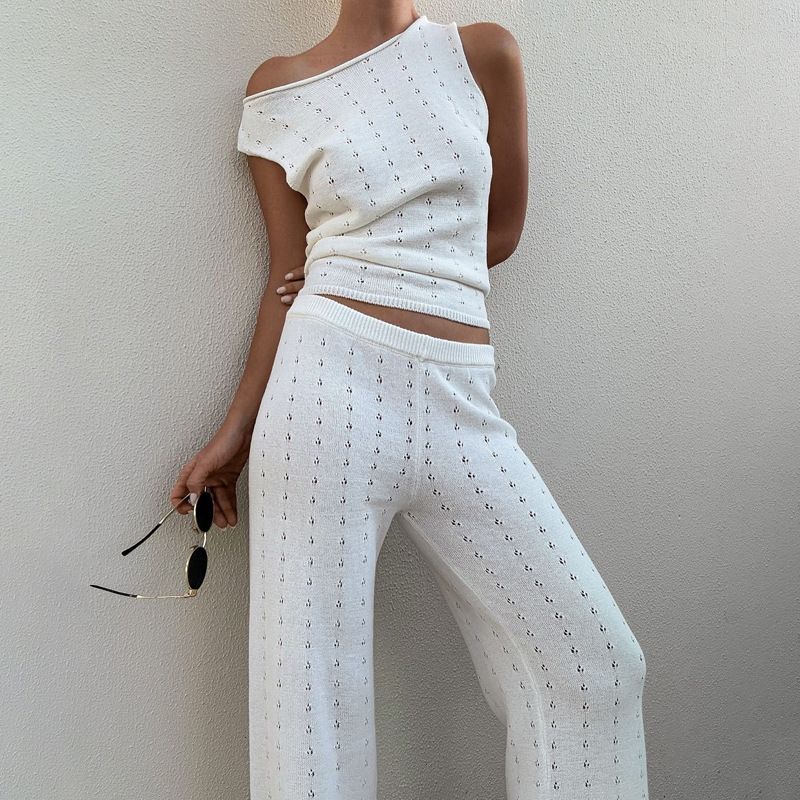 Vêtements pour femmes Gilet sans manches Pantalon décontracté Printemps et été Style plage Tricoté en relief Tempérament Dames Costume_voghion.com