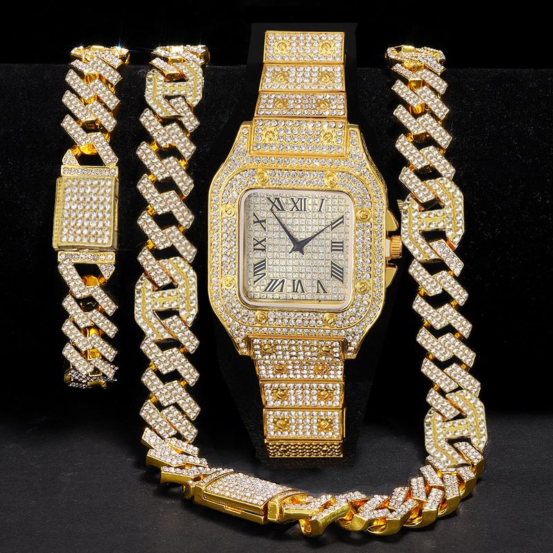Orologio da uomo Hip Hop quadrato con calendario al quarzo, bracciale in lega e collana con accenti di zirconia cubica_voghion.com