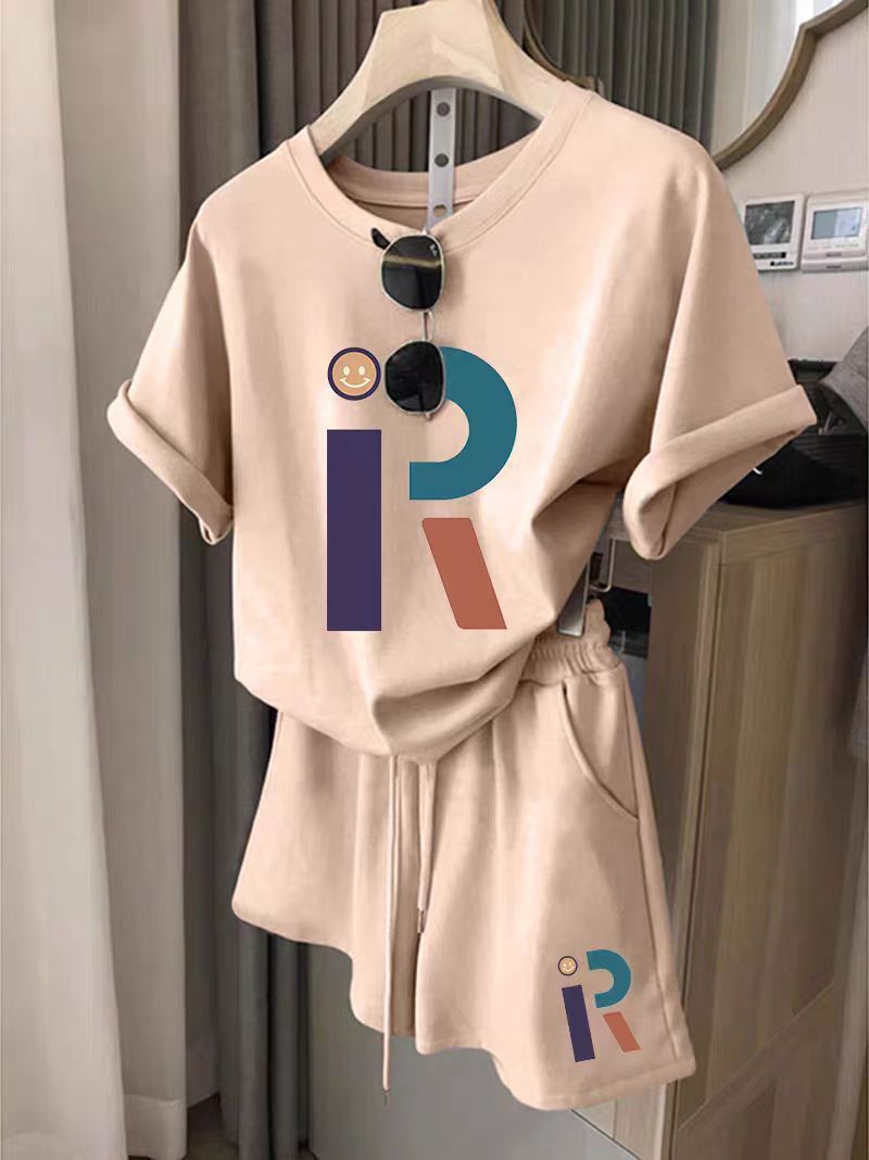 Costum sport casual elegant pentru femei, cu mânecă scurtă, pantaloni scurți, lejer, Slim, din două piese_voghion.com