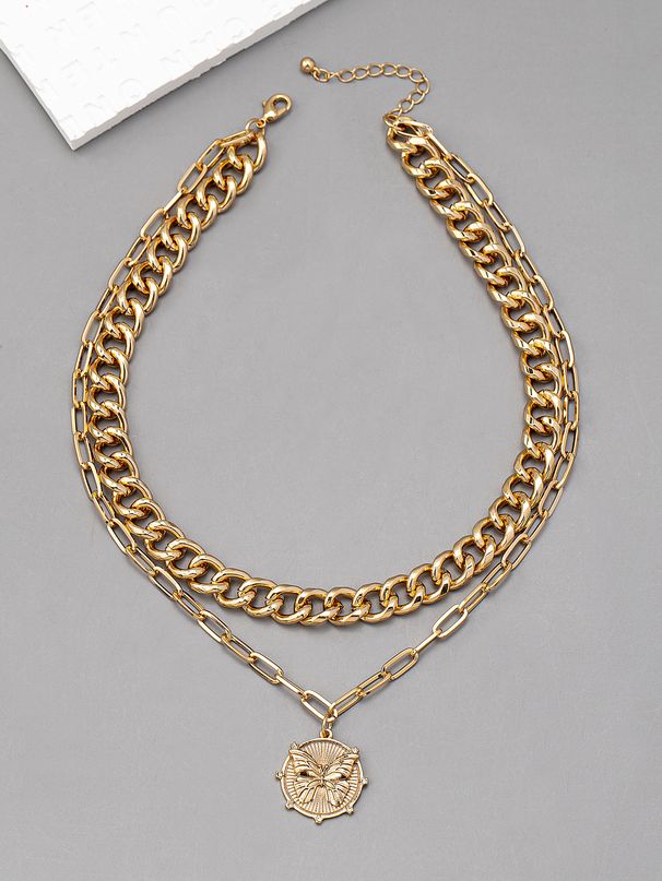 Collana in metallo con ciondolo a farfalla rotondo multistrato da donna, con catena per clavicola, con immagini e campioni_voghion.com