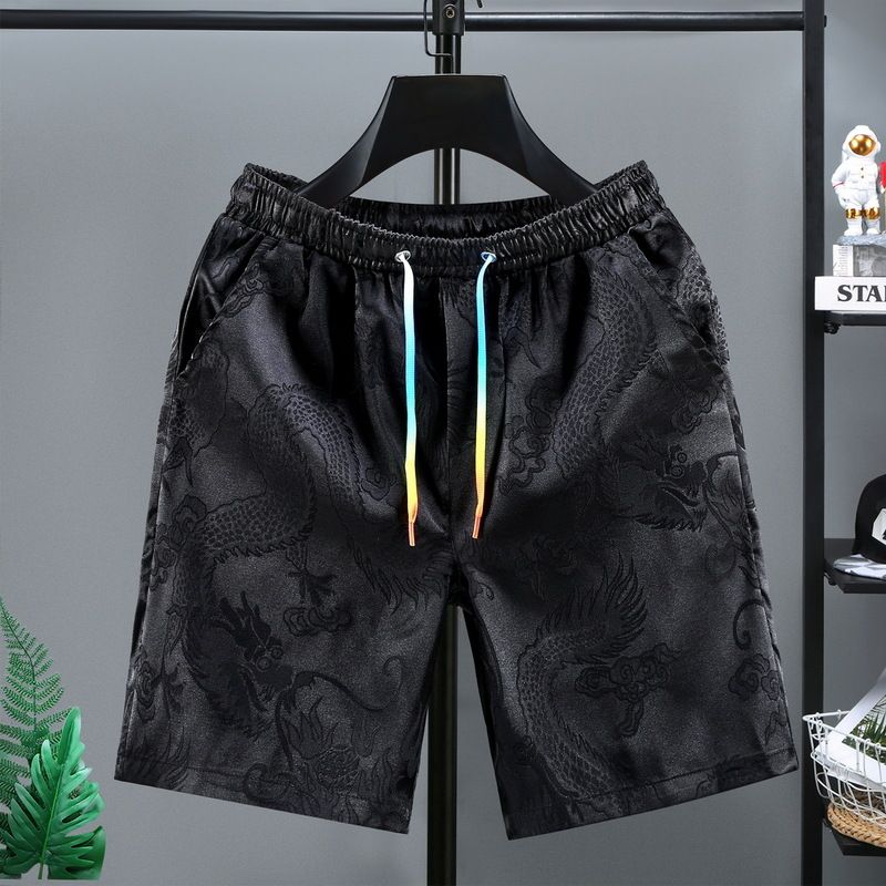 Chinese Style Tang Style Ice Silk Shorts For Men's Oversized Casual Dragon Patterned Cropped Pants, Summer Trend Home Pants_voghion.com
