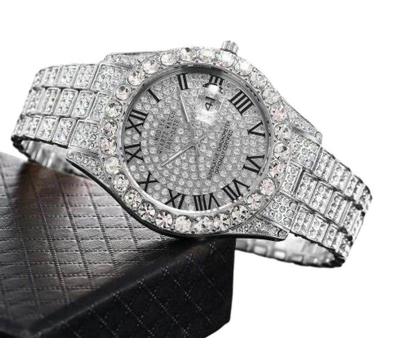 Neue Internet-Berühmtheit Hip Hop Business Diamant Herrenuhr Zimmer Gold Volldiamant Römische Wassertropfen Kalender Geschenk Quarzuhr_voghion.com