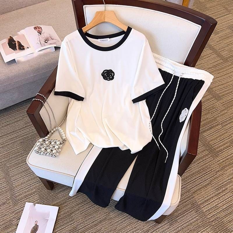 Vêtements pour femmes fat mm nouvelle mode slim à manches courtes t-shirt neuf points pantalon mode costume décontracté _voghion.com