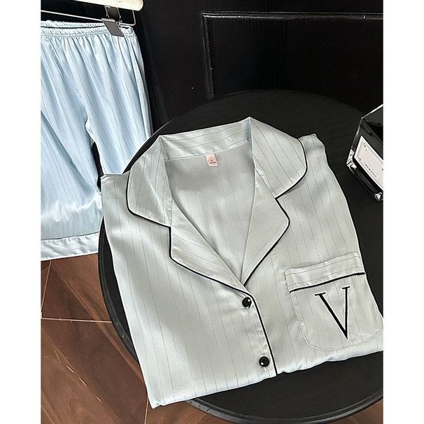 Ropa de mujer Pijama de mujer de estilo dulce con rayas azules de agua y escote en V para otoño e invierno, ropa cómoda de seda helada de manga larga para el hogar_voghion.com