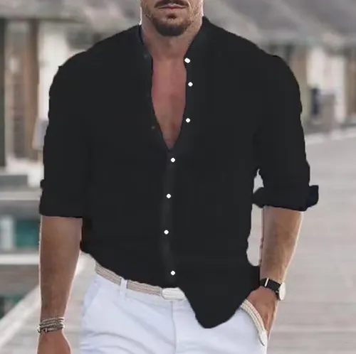 Men's Clothing 2025 New Solid Color Linen Stand Collar Cardigan Long Sleeve Loose Men's Shirt_voghion.com
