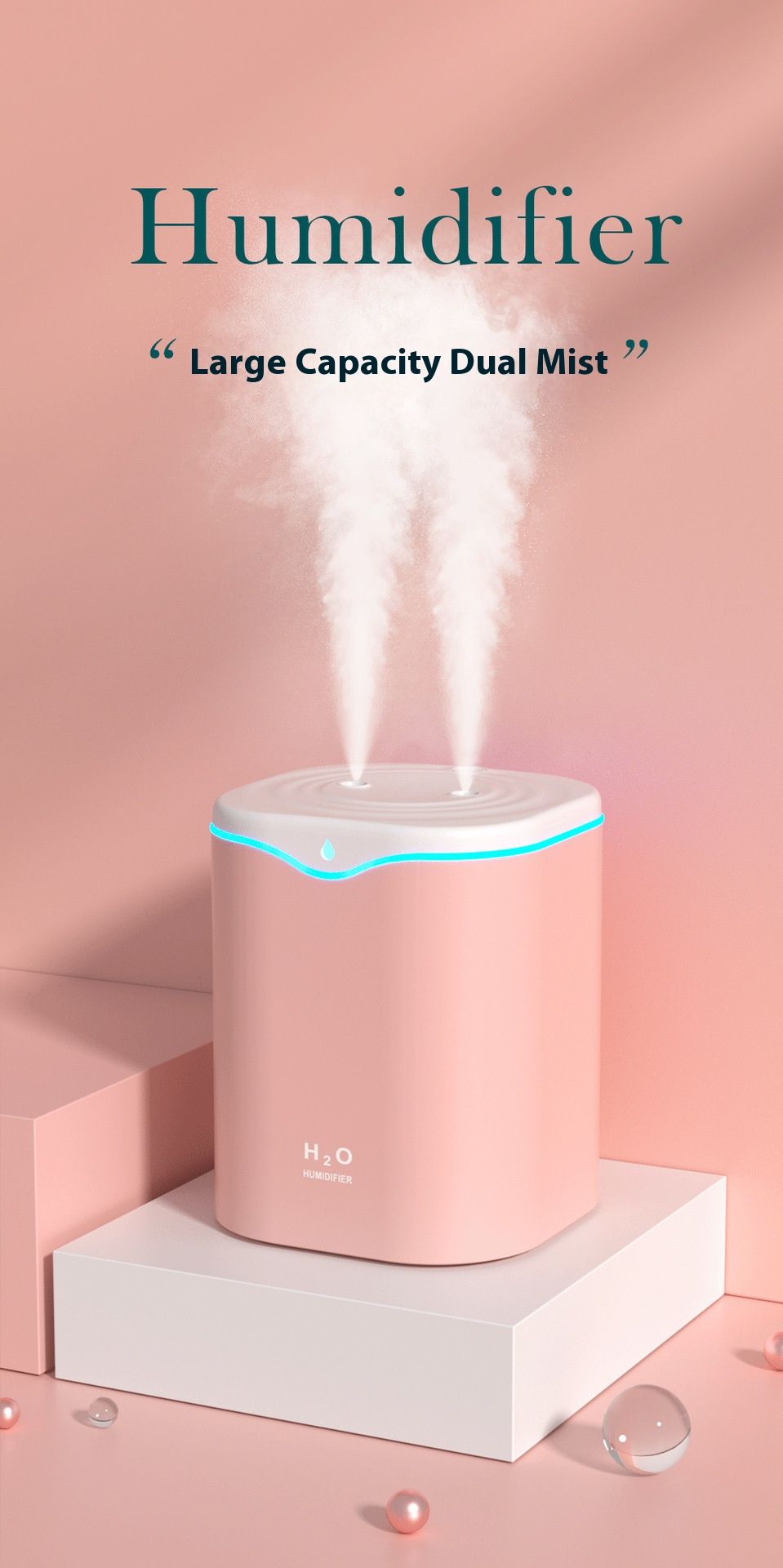 Umidificatore a doppia nebulizzazione da 2 litri per casa e ufficio – Nebbia fredda a ultrasuoni, 2 ugelli regolabili, silenzioso a 36 dB, alimentato tramite USB (rosa/bianco/verde)_voghion.com