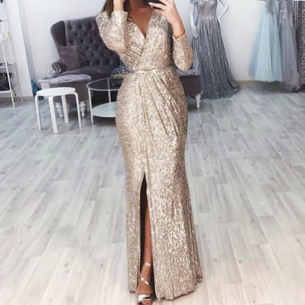 Women's Deep V Neck Shiny Glitter Gowns Dresses Evening Sexy Dresses_voghion.com