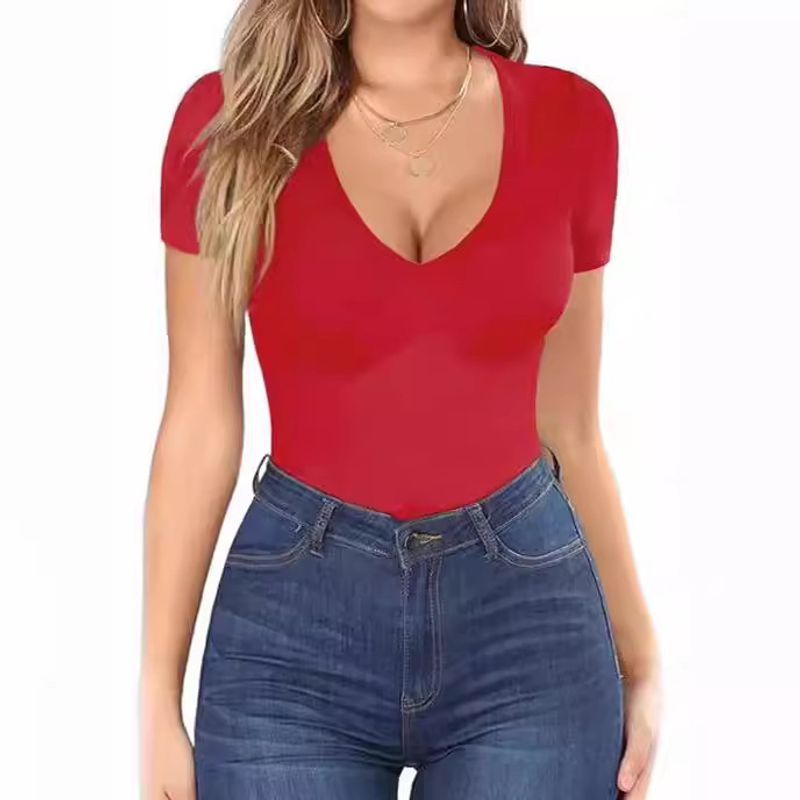 Maglietta da donna, pullover estivo da donna, manica corta, slim, capospalla di alta qualità, scollo a V, rosa_voghion.com