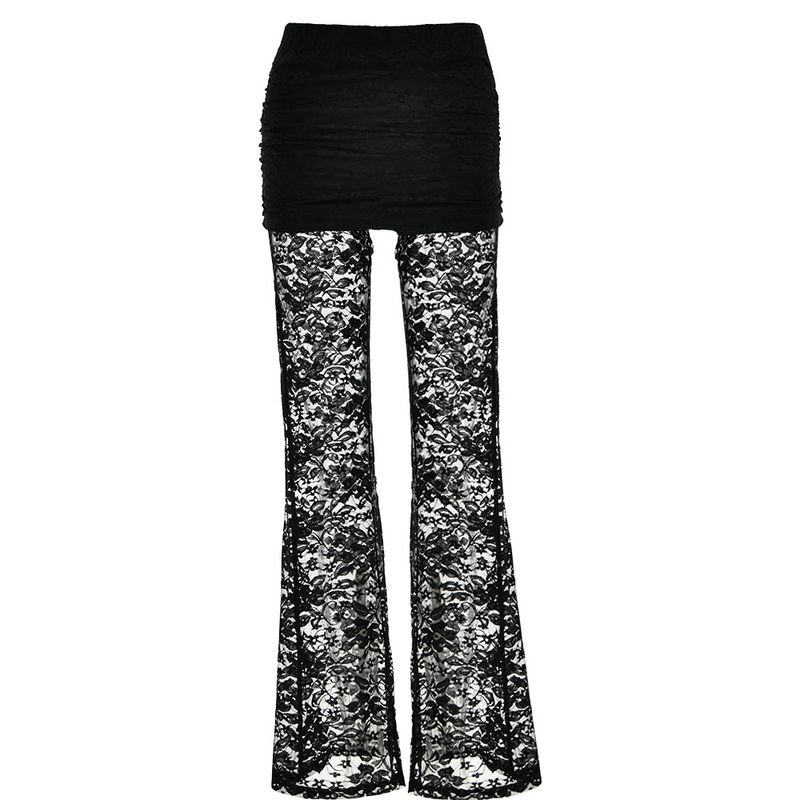 Damenbekleidung Neue Mode Sexy Vielseitige Hosen Spitzenspleißen Schlank Durchsichtige Schlaghose mit hoher Taille für Frauen_voghion.com
