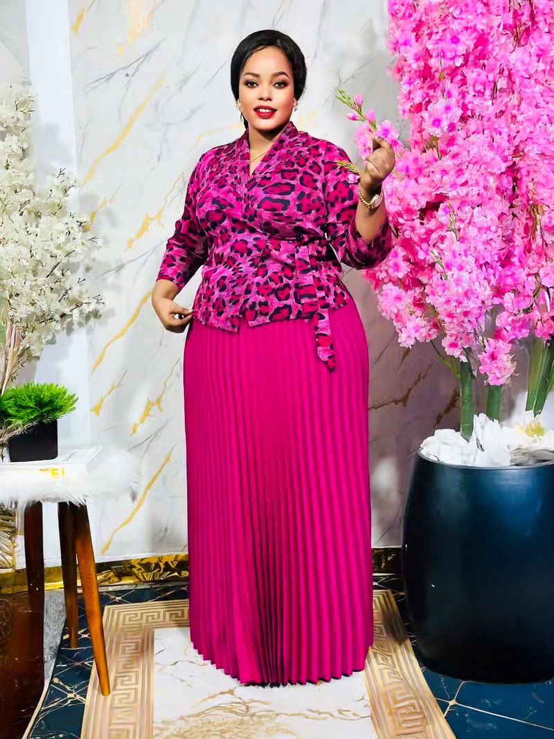 Women's Clothing Slightly Fat Women's Clothing To Wear Slim Two Piece Suit Miyake Pleated Print Long Sleeved Top Pleated Long Skirt_voghion.com