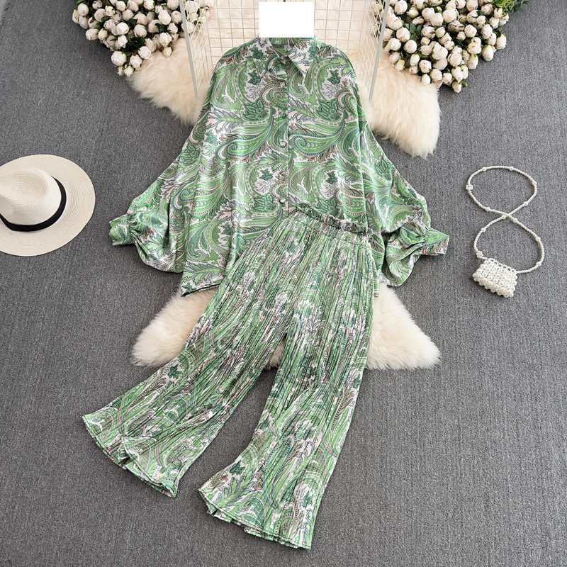 Women's clothing loose lantern sleeves printed shirt, two-piece suit, casual high waist pleated nine-point pants_voghion.com