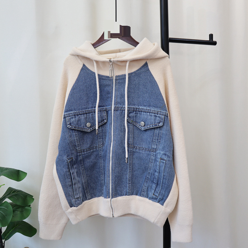 Women's Clothing station 2024 autumn and winter new hooded patchwork denim sweater jacket zipper knitted double sided wool cardigan women's trend_voghion.com
