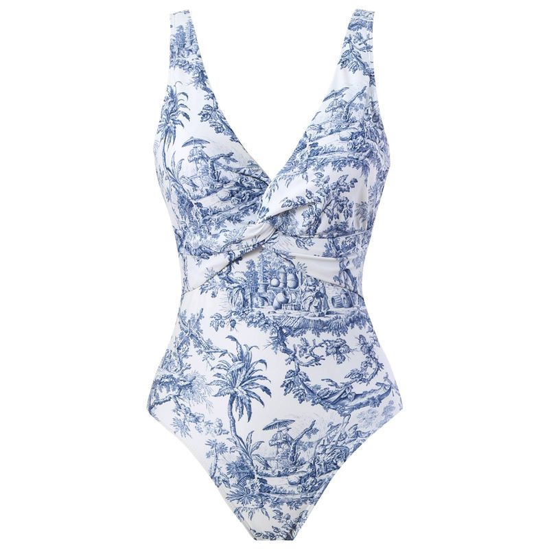 Tropical Swimwear Set Printed One-piece Swimming Costume And Lace-up Beach Dress With Bra Pads And No Bra Support_voghion.com