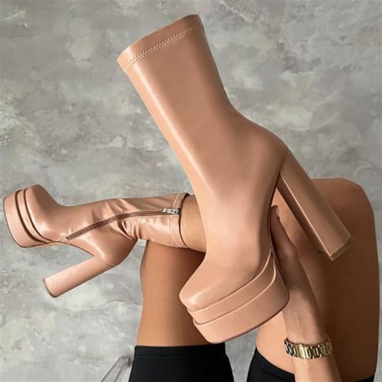 Doppelt wasserdichte Plateaustiefel mit quadratischer Zehenpartie, klobigem Absatz, superhohem Absatz, seitlichem Reißverschluss, Stiefeletten für Damen_voghion.com