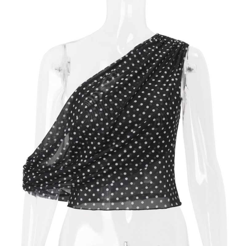 Summer New Sexy Asymmetric Neckline Polka Dot Mesh Camisole Top - S/M/L/XL (Black/White) - Trendy Sleeveless Vest For Women​_voghion.com