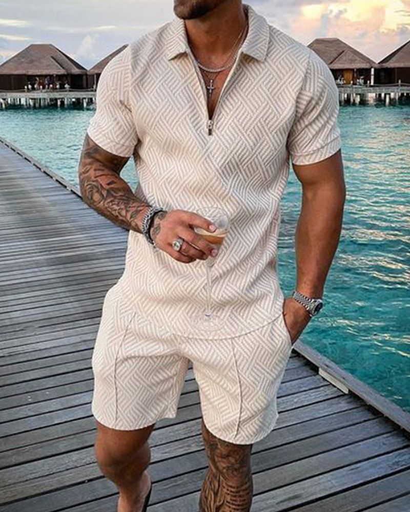 Men's Fashion Casual Suit 3D Printed Zipper Short Sleeve Polo Shirt Shorts 2-Piece Set_voghion.com