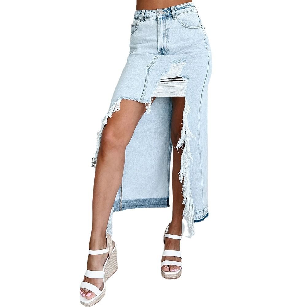 Women's Clothing High Waist Irregular Raw Edge Ripped Hole Old Washed Denim Slit Hip Skirt_voghion.com