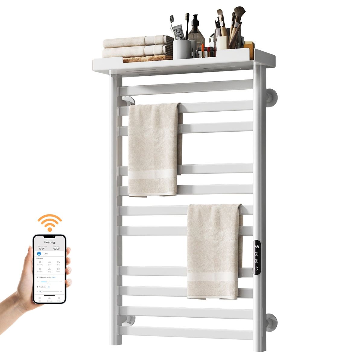 SIOYIE Heated Towel Rack With Shelf And Wi-Fi App Control, 11 Bars Electric Wall Mounted Towel Warmer With Timer & Adjustable Temperature, Low Carbon Steel, Plug-in/Hardwired, White_voghion.com