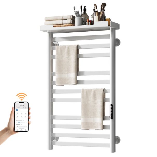 SIOYIE Heated Towel Rack With Shelf And Wi-Fi App Control, 11 Bars Electric Wall Mounted Towel Warmer With Timer & Adjustable Temperature, Low Carbon Steel, Plug-in/Hardwired, White_voghion.com