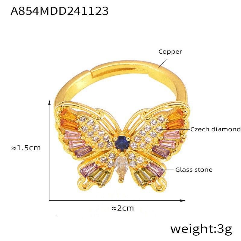 Mehrfarbiger eingelegter Diamant-Schmetterlings-Mode-Ins-Stil Eleganter Kupfer-vergoldeter offener Ring_voghion.com