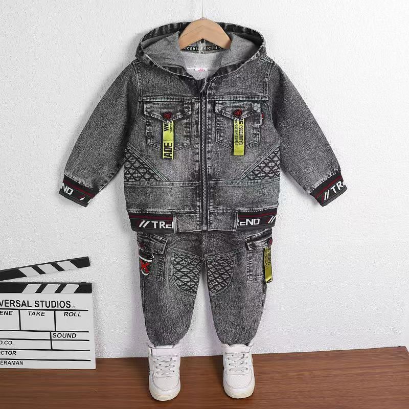 Bērnu apģērbs zēniem Pavasara kostīmi Pavasara jauni ikdienas džinsa rietumu stila divdaļīgi kostīmi zēniem Skaisti un moderni_voghion.com