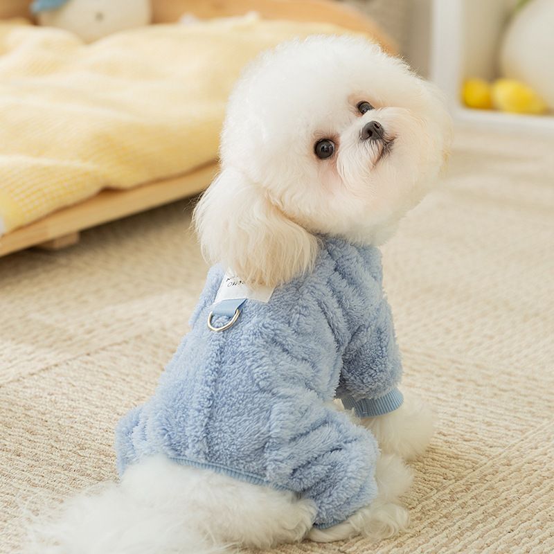 Casaco de lã com tração de quatro patas e etiqueta de tecido de macaron de cor sólida para cães pequenos, outono e inverno, manga comprida grossa_voghion.com