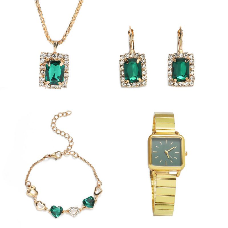 Kleine grüne Damenuhr mit Stahlband, Quarzuhr + Ring-Set, Geschenkbox, 5 Stück/Set_voghion.com