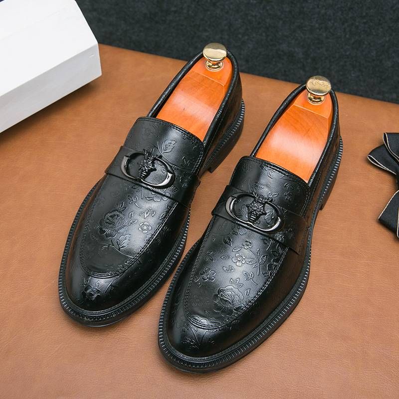 New Fashion Men's Brown Business Casual Loafer Shoes Daily Office Black Buckle Monk Men's Shoes One Foot Cover Banquet Dress Wedding Leather Shoes_voghion.com