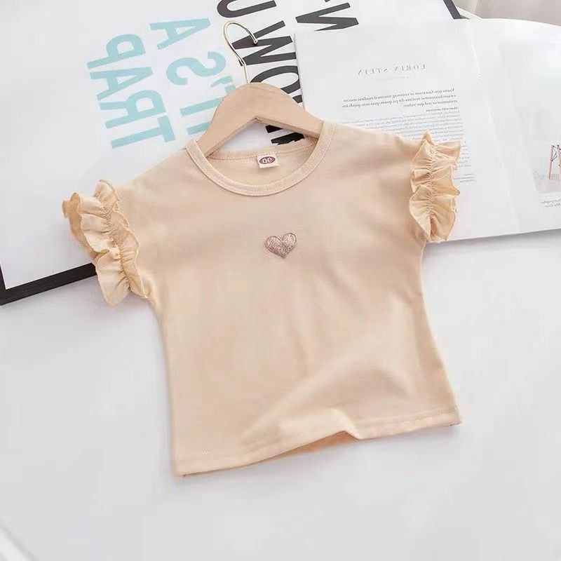Îmbrăcăminte pentru copii Tricou cu mânecă scurtă de vară pentru fete pentru bebeluși, stilat, tendință de personalitate pentru copii, dantelă, mânecă trompetă dragoste, top de culoare uni_voghion.com