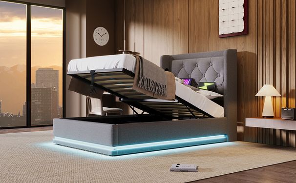 Polsterbett Doppelbett 90*200 Cm,Grau Baumwolle-Material Hydraulisches Stauraumbett, Gepolstertes Kopfteil Mit USB Typ-C Ladefunktion, 3-seitige LED-Funktion(Mit Matratze)_voghion.com