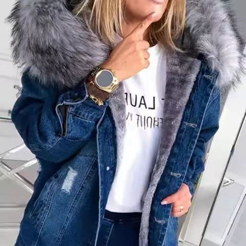 Giacca in denim taglie forti con cappuccio in pelliccia sintetica – Cappotto oversize da streetwear per donna, S-5XL (nero/grigio/blu/azzurro)_voghion.com
