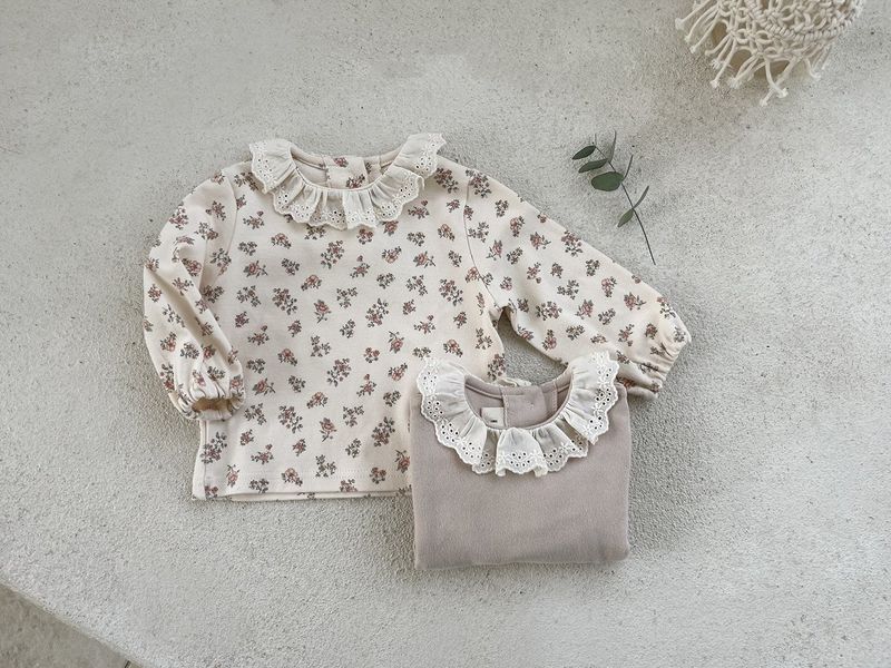 2023 Forår Baby's Top Blomsterbase Skjorte Bomuld T-Shirt Langærmet Dame Blonde Lap Rundhals koreansk stil_voghion.com