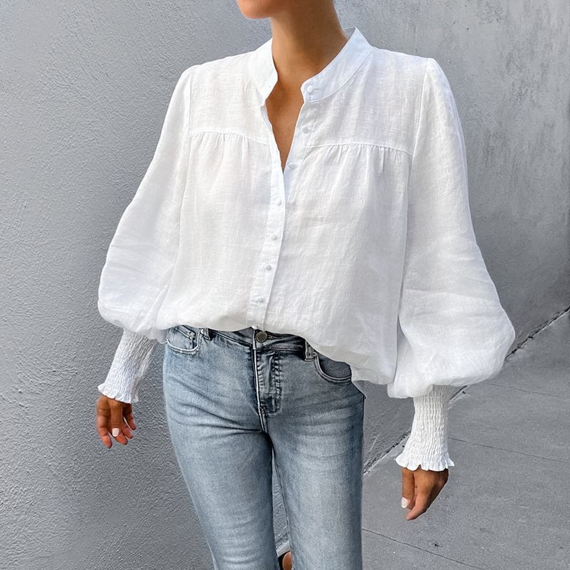 Women's Clothing small stand collar puff sleeve cotton and linen _voghion.com