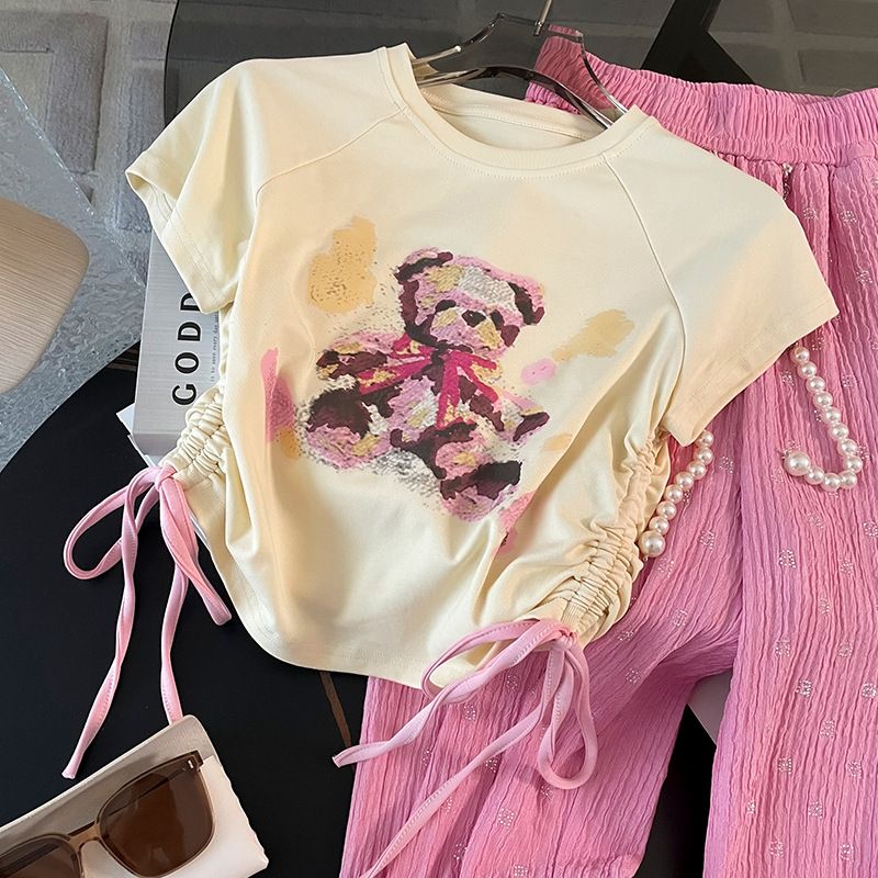 Nieuwe damesbroek met korte mouwen, eenvoudige wijde pijpen, pak, zomer, roze temperament, vrije tijd, middellange en lange mode, tweedelig pak_voghion.com