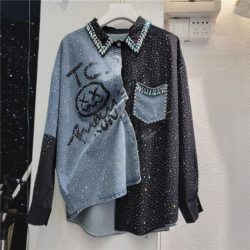 Women's denim black shirt women's European station 2024 spring new loose mid-length shirt_voghion.com