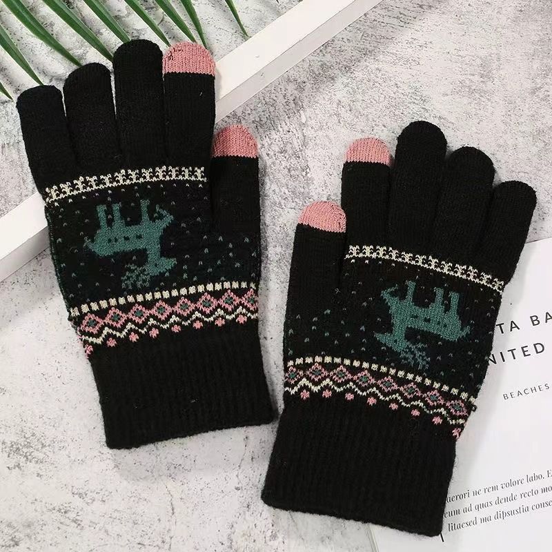Christmas sock Extra fleece Christmas Deer jacquard knitted warm touch screen gloves with finger for outdoor use_voghion.com