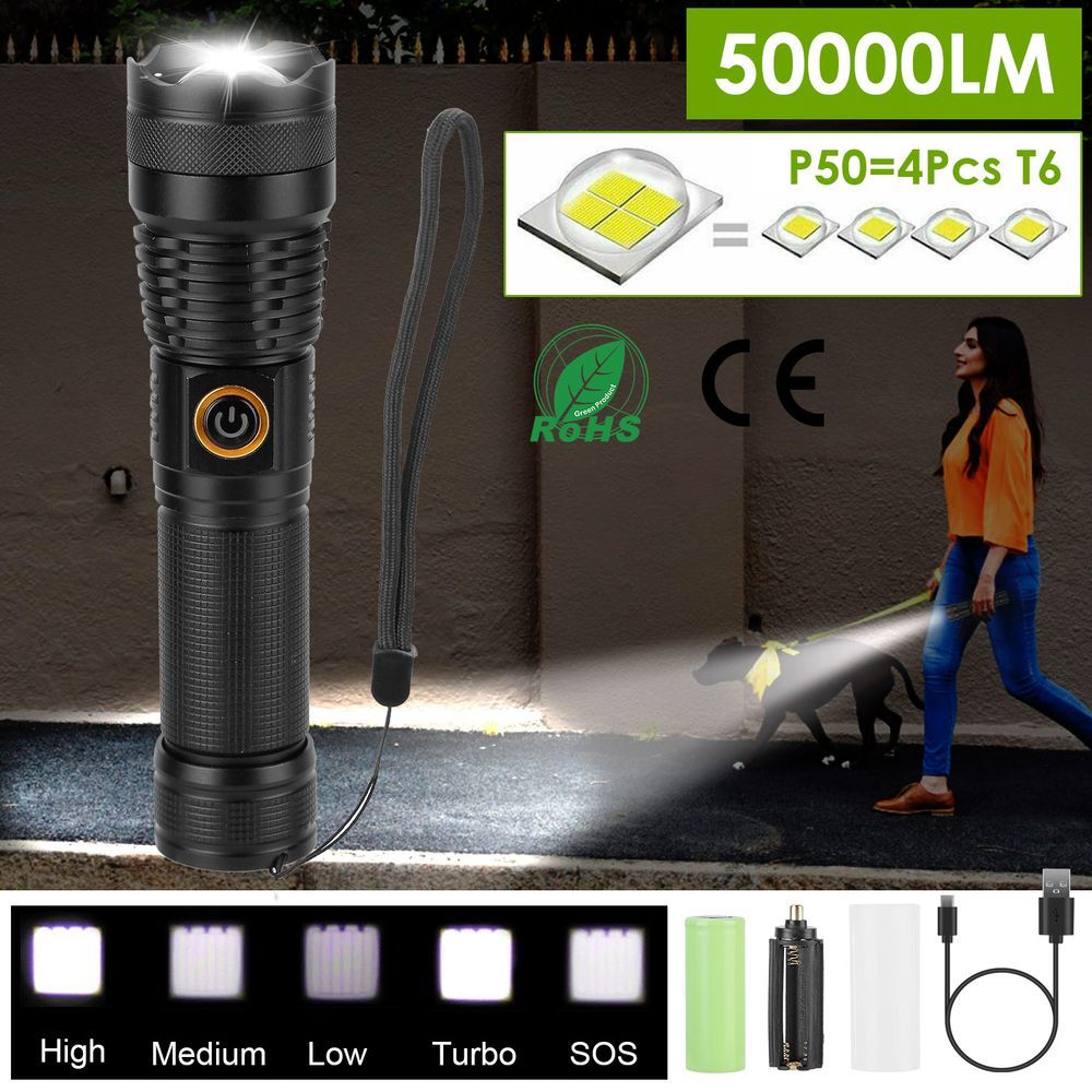 Tactical LED Flashlight Zoomable Rechargeable Search Light Torch_voghion.com