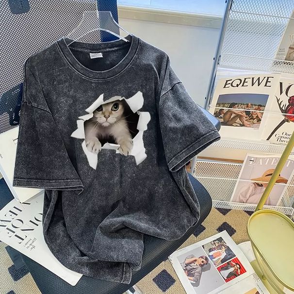 Women's Clothing hiphop washed distressed cat short sleeved T shirt for women in summer loose oversize casual all match tops_voghion.com