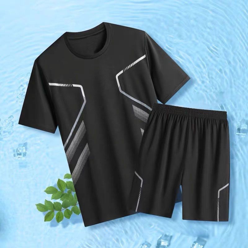 Costume de sport pour hommes, grande taille, T-Shirt à manches courtes, vêtements à séchage rapide, Shorts d'entraînement de Fitness décontractés, costume deux pièces_voghion.com