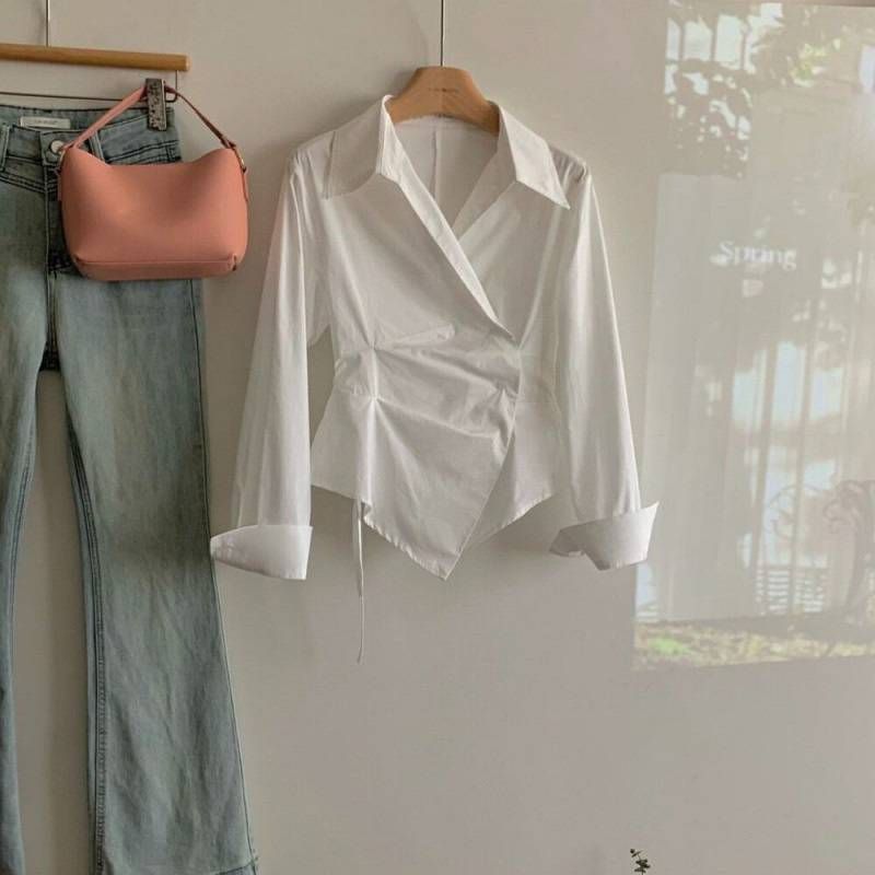 [Coton et lin] Vêtements pour femmes, grande taille, design, taille irrégulière, chemise slim à rayures, chemise à revers tempérament, chemise à manches longues_voghion.com