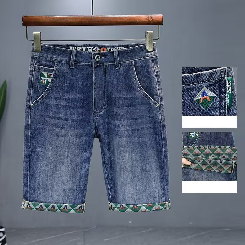 Abbigliamento maschile, pantaloncini estivi in denim sottili e di alta qualità, pantaloncini dritti e larghi alla moda, pantaloncini stampati di alta qualità_voghion.com