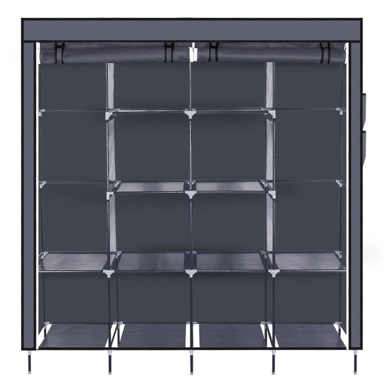 67" Tragbarer Schrank-Organizer mit staubdichter Abdeckung und Regalen, Kleiderschrank aus Vliesstoff, Kleiderstange, 12 Lagerregale, wasserabweisend, Grau_voghion.com